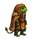 A green frog wearing a lion's mane and a fur-lined cloak.