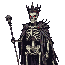 Skeletal king with a jagged crown, tattered cape, and glowing red eyes, holding a scepter topped with a skull.