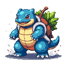 A blue reptilian Blastoise with a tan shell and green foliage on its back, grinning fiercely with orange eyes.