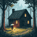 A dark cabin with glowing windows in a misty, rain-swept forest. A cloaked figure with a pale umbrella stands outside the entrance, illuminated by a pool of light.