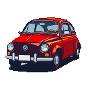 Classic red Volkswagen Fusca with gleaming headlights and chrome bumpers, viewed from a slight front angle.