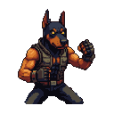 Doberman Pinscher in fighting stance wearing tactical vest, fists clenched.