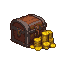 A weathered wooden treasure chest overflowing with glittering golden coins.