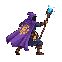 Pixel Art: wizard in purple cape with lion head, character game sprite (generated with AI by pixie.haus).