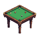A pixelated pool table with emerald green felt, scattered red and white balls, and dark wood trim.