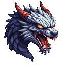 Pixel Art: craneo de dragon lobo fusionados (generated with AI by Belwyn Pixie).