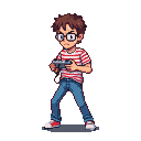 Young, bespectacled character with messy brown hair, wearing a red and white striped t-shirt and blue jeans, holding a futuristic gun.