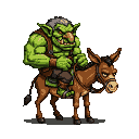 Burly green troll with grey hair and leather vest rides a brown donkey.