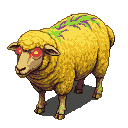 A menacing, mutated sheep with sickly yellow wool streaked with green and purple, glowing red eyes, and subtle green glowing hooves, viewed from a 3/4 top-down perspective.