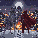 Colossal gray wolf and armored samurai stand on snowy mountain ridge under starry night sky with full moon, overlooking a bustling feudal Japanese town with festival bonfire and lanterns.