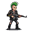 A punk character with a green mohawk, shaved sides, and a scowling expression, wearing a studded leather jacket and ripped pants, holds a rifle in a defiant stance.