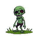 A gaunt, green-skinned zombie with exposed ribs, one empty eye socket, and a glowing red eye, baring jagged teeth against a black background.