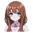 Pixel art portrait of a young anime girl with wavy brown hair, large purple eyes, a blush, and a light shirt with a lavender collar and bow.