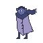 A blue-skinned figure with pointed ears and white eyes, wearing a light purple cloak and a dark blue furry collar. A dark blue scarf trails to the right.