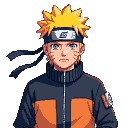 Young male character with spiky blonde hair, orange jacket, and black forehead protector with a village symbol. He has whisker-like markings on his cheeks and a determined expression.