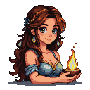Young woman with auburn hair, blue feathers, and braids, holding a bowl with a flickering flame. She wears a light blue tunic with golden trim.