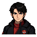 Young man with dark hair and intense eyes, wearing a black jacket over a red high-necked garment with an emblem on his chest. Smudges on his face suggest exertion.