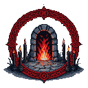 A sinister ritual ignites within a stark pixel realm, a crimson runic circle pulsing with occult power. Black candles flicker, casting shadows toward a hellish archway where infernal flames claw at the void.