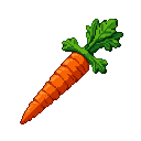 Bright orange pixelated carrot weapon with dark green leafy top, angled 45 degrees on black background.