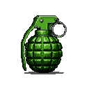 Vibrant green pixelated hand grenade with a lever and pin, on a black background.