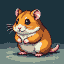 A plump, adorable hamster with orange and white fur sits with paws clasped, looking forward with dark, curious eyes and pink ears.