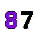 A bold, vibrant purple pixelated numeral 8 against a black background, with a faint, sparse black pixel numeral 7 to its right.