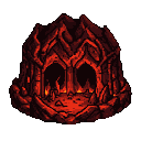 A hellish, cavernous structure with jagged, molten-red architecture and twin arched openings. Flickering flames within cast an ominous glow on rough, fiery rock terrain.