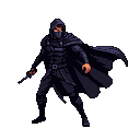 Shadowy thief figure in dark, flowing cape and hooded attire, mask obscuring face, holding a glinting blade.