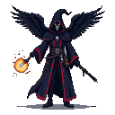 A cloaked figure with a raven mask and large feathered wings conjures a fiery orb.