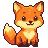 A pixel art fox with orange and yellow fur, large dark eyes, a wide smile, and its tail curled around its side.
