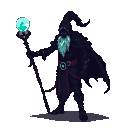 A shadowy figure with a pointed hat, piercing blue eyes, and a luminous aquamarine beard holds a gnarled staff topped with a glowing orb against a transparent black background.