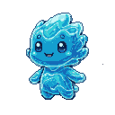 A small, cheerful water elemental with translucent blue pixelated body, sparkling eyes, and a happy smile.