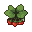 A strawberry plant with ripe red fruit, green leaves, and small white flowers, viewed from above, in a pixel art style.