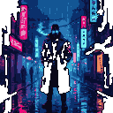 Pixel Art: complex cyberpunk pixel art detective in rain-soaked neon ci...