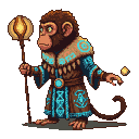 Mystical monkey shaman in a patterned robe conjures a light orb with its right hand and holds a glowing staff in its left.