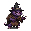 Ominous purple hamster-like creature with pointed witch's hat and tattered robe, red eyes, and clawed hands outstretched.