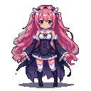 Young woman with flowing pink hair, large blue eyes, wearing a gothic dress with white frills and thigh-high socks.