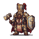 Pixel Art: dwarf paladin with hammer and shield and very tall helmet