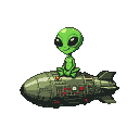 A cheerful green alien with large black eyes sits cross-legged on a retro nuclear bomb.