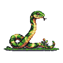 A coiled serpent with emerald green and ochre scales rests on mossy ground, its head raised and forked tongue flicking.