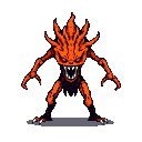Menacing bipedal creature with fiery mane and sharp claws, gaping maw with jagged teeth, outstretched arms, vibrant orange and red colors, dark purple and black accents, against a solid black background.