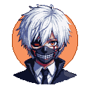 Pixel portrait of a character with wild white hair, an orange eye patch covering one eye, and a stitched mask with sharp teeth. They wear a dark suit with a white shirt and tie.