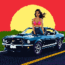 Pixel Art: Uma mulher de biquíni está encostada em um Mustang preto com...