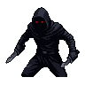 Cloaked, hooded figure with glowing red eyes and drawn blades, crouched in shadow.