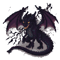 A black dragon with glowing yellow eyes and sharp teeth, its dark, scaled body poised to strike. Large, deep purple wings are spread wide. The dragon exhales a shadowy mist.