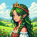 Pixel Art: crowned girl with green hair in an idyllic landscape (generated with AI by Dixy).