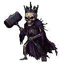 A skeletal king with glowing red eye sockets wears a jeweled crown and purple robes, gripping a large stone maul.