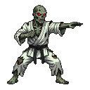 Menacing zombie karate fighter in a white gi with a black belt, red glowing eyes, and ripped clothing, in a dynamic combat stance.
