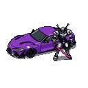 Purple Toyota Supra A90 sports car next to a gray-white samurai robot holding a glowing pink katana.