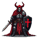 A demonic Templar Knight in a tattered red robe, with a skull-like face and red horns, wearing segmented dark armor. He holds a rusted sword and a black shield with a red cross.